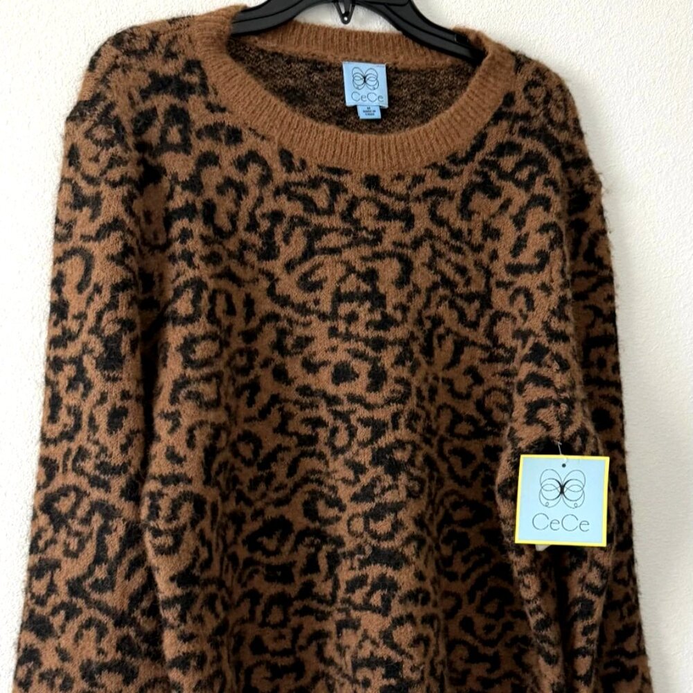 CeCe Abstract Animal Print Knit Sweater Brown Black M NWT - Picture 2 of 7